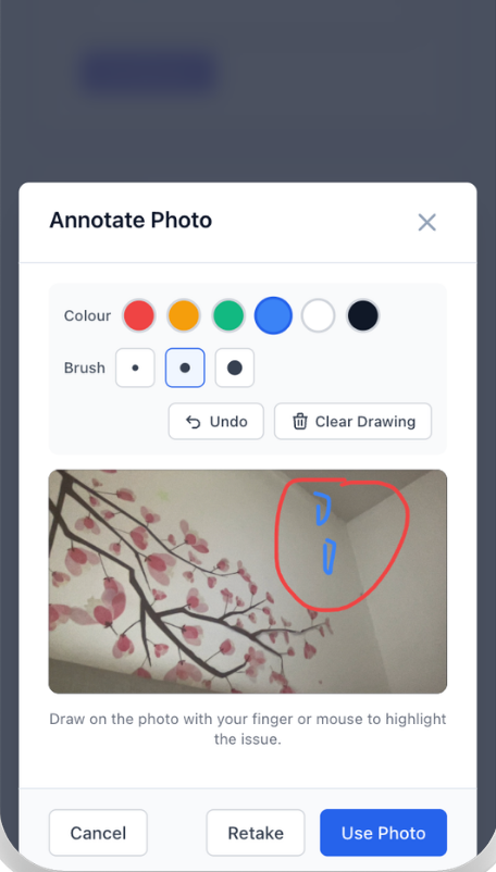Annotating a photo in the Margin Resolve mobile app: colour and brush controls, a photo of a damaged ceiling with the problem circled in red, and buttons to cancel, retake or use the photo