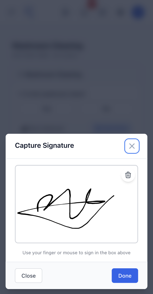 Capturing a signature on the phone at the end of an inspection in Margin Resolve, signed with a finger and confirmed with Done