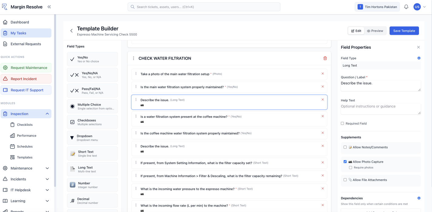 The Margin Resolve template builder: an espresso machine servicing checklist being assembled from Yes/No, Pass/Fail, photo and long-text fields, with photo capture and dependency rules set on the selected question