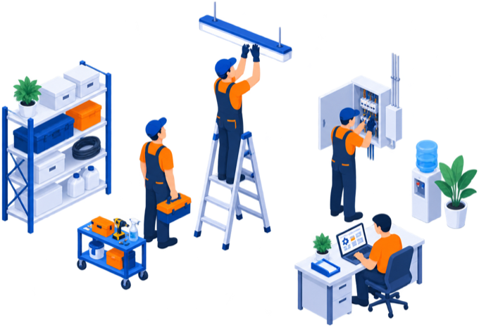 Isometric illustration of a maintenance team at work: two technicians fitting a ceiling light from a step ladder, another wiring an electrical panel, a stocked parts shelf and tool trolley, and a supervisor logging jobs on a laptop