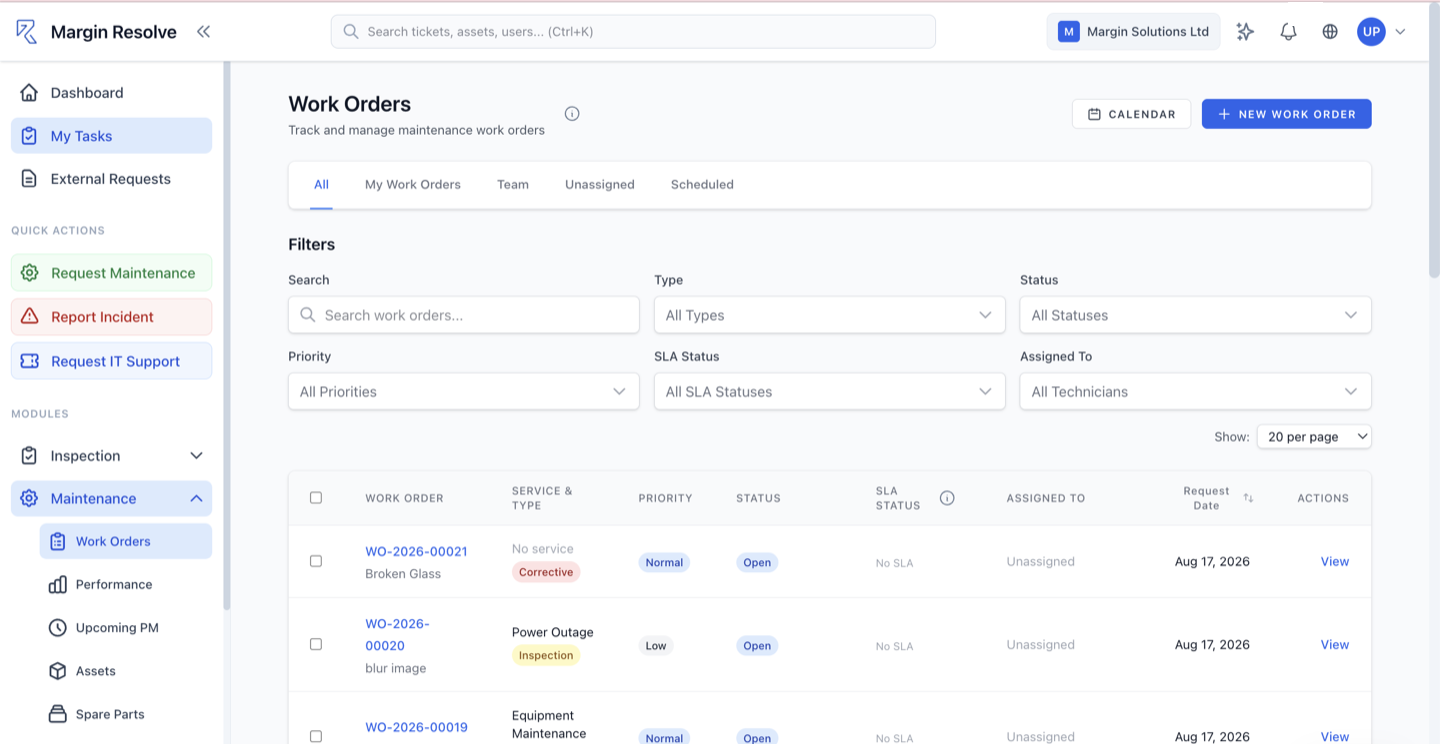 The Margin Resolve work order list: open jobs with priority, status, SLA state, assignee and request date across sites